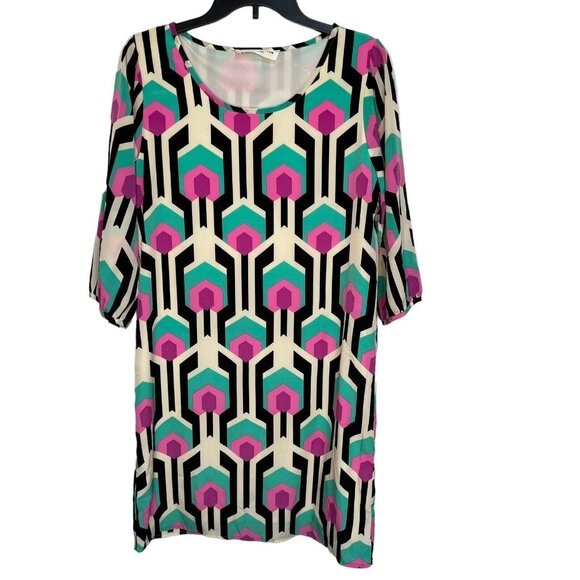 Peach Love Cream Dress Women’s Size Medium Multicolor Abstract Midi lined - Picture 1 of 7